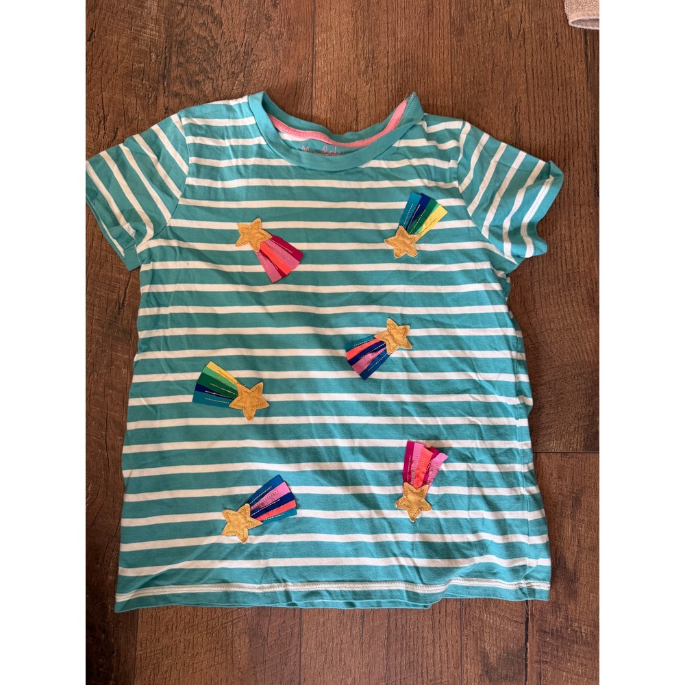 Mini Boden Shooting Star T-Shirt Kids 11-12Y Teal Stripe Rainbow Applique